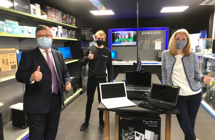 South Swindon MP Robert Buckland pictured with Charlie from SP Computers and Beth Gardner CEO of Swindon MS & Neuro Therapy Centre