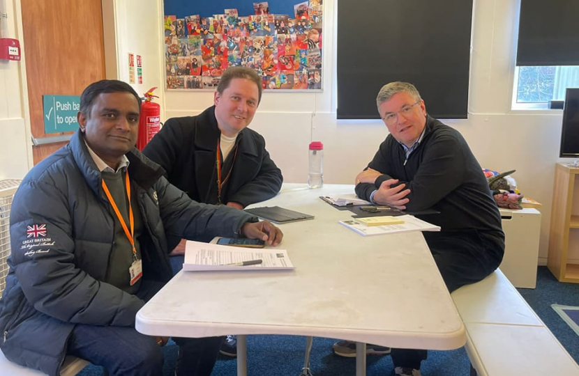 The Rt Hon Sir Robert Buckland KBE KC MP Photographed with Cllr Suresh Gattapur and Cllr Keith Williams at the Shaw Ward Surgery