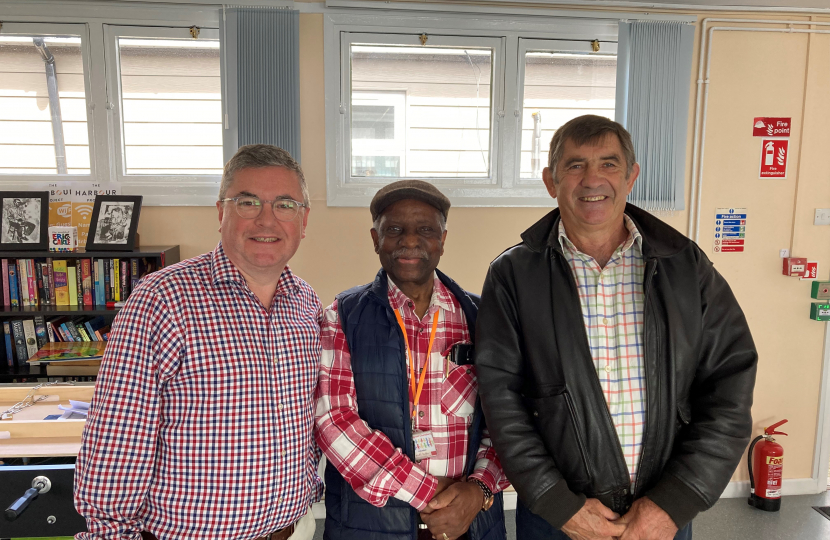 Sir Robert Buckland KBE KC with local resident Keith Duffus and PCC Philip Wilkinson