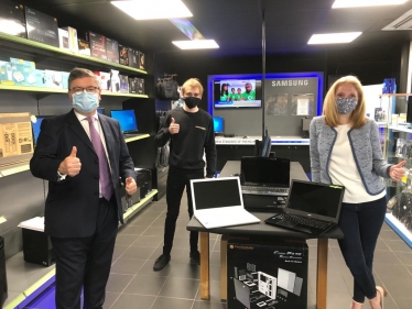 South Swindon MP Robert Buckland pictured with Charlie from SP Computers and Beth Gardner CEO of Swindon MS & Neuro Therapy Centre